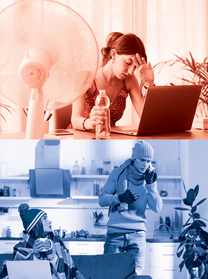 Split image showing a woman overheating with a fan and a couple freezing indoors, illustrating common HVAC issues discussed in Frequently Asked Questions.