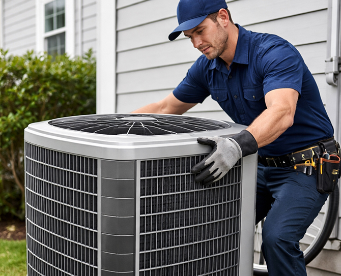 HVAC technician installing residential air conditioning unit with refrigerant lines and gauges in Fallbrook CA