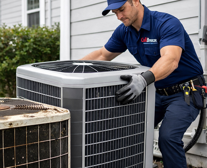 HVAC technician replacing residential air conditioning unit during AC replacement service in Fallbrook CA