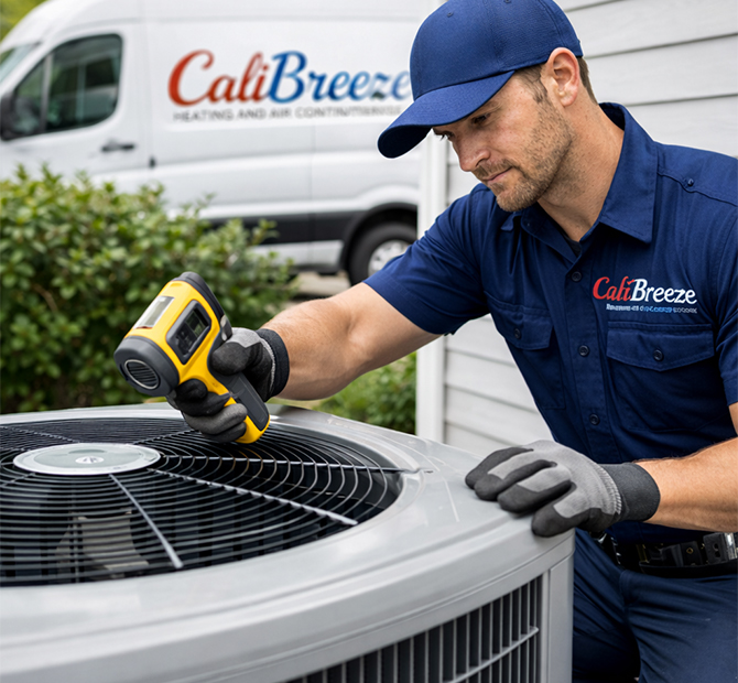 HVAC technician performing cooling system inspection on residential air conditioner in Fallbrook CA
