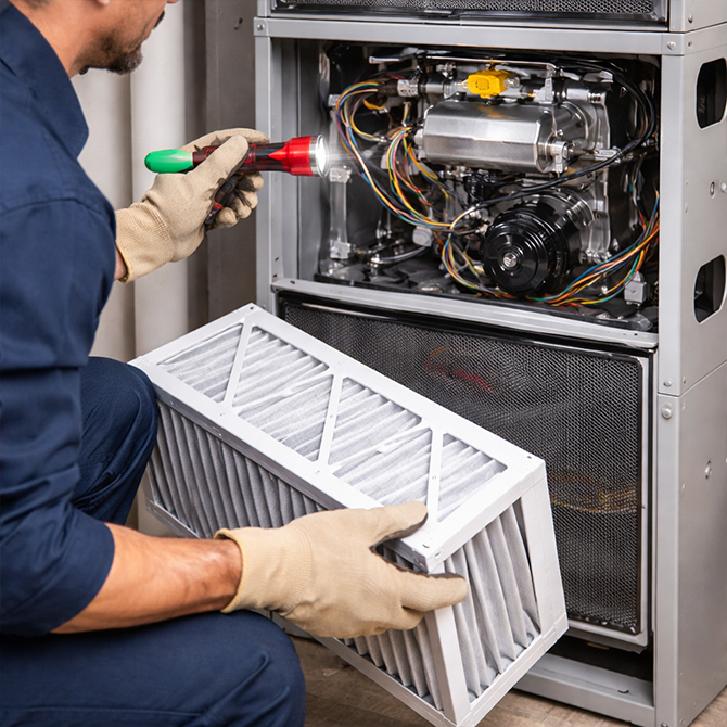 HVAC technician performing furnace maintenance by inspecting internal components and replacing air filter to improve heating efficiency and system performance.