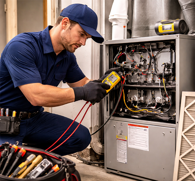 HVAC technician from Cali Breeze inspecting and repairing a residential furnace using a digital multimeter during professional heating service in Fallbrook CA.