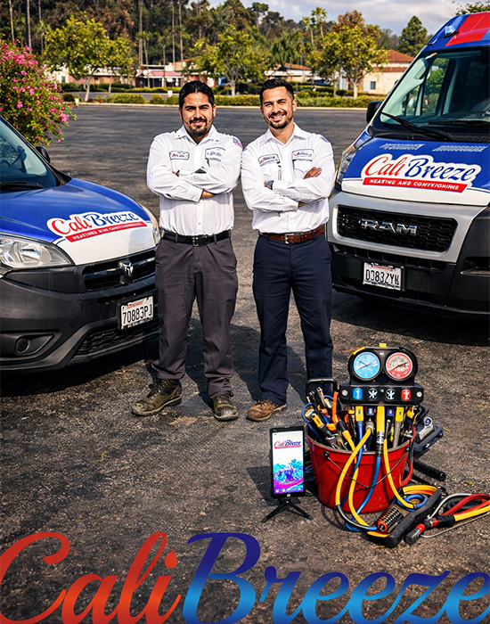 Cali Breeze HVAC technicians standing with service vans and tools for air conditioning and heating repair in Fallbrook CA