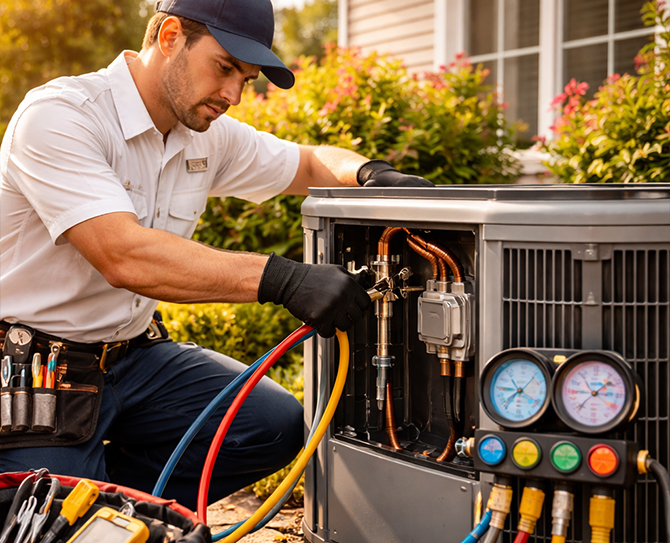 HVAC technician repairing residential air conditioning unit with gauges and refrigerant lines in Fallbrook CA
