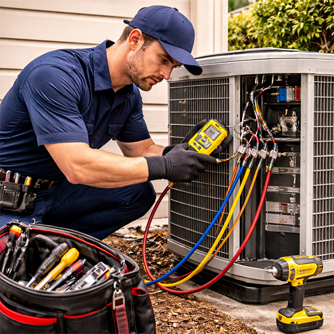 HVAC technician diagnosing and repairing an outdoor air conditioning unit using professional gauges during fast AC repair service in Fallbrook CA.
