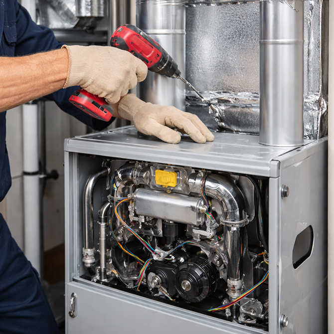 HVAC technician performing furnace installation and heating maintenance service, securing ductwork and inspecting components for optimal system performance.