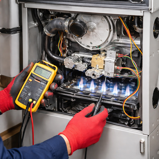 HVAC technician repairing furnace system with multimeter, performing heating maintenance and diagnosing components for efficient home heating.