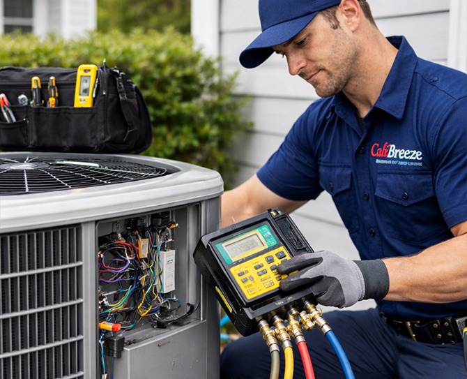 HVAC technician performing air conditioning maintenance and system diagnostics in Fallbrook CA